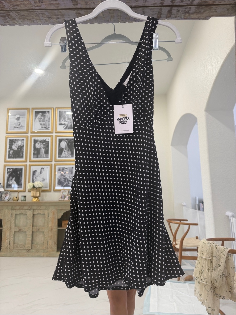 Princess Polly Black and White Polka Dot V-Neck Mini Dress